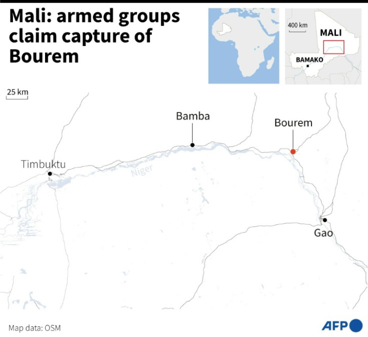 Map of Mali locating the town of Bourem which armed groups claimed to have captured from the Malian army Tuesday