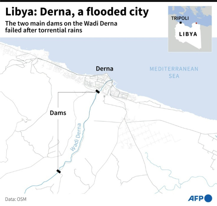Map showing the location of the two dams on the Wadi Derna that collapsed following torrential rains.