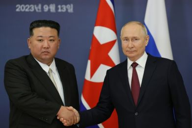 Putin (right) praised the "strengthening of cooperation and friendship between our countries", while hosting Kim (left) at a spaceport in Russia's far east