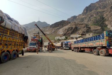 Trucks waiting to cross from Pakistan to Afghanistan after the Torkham border reopened