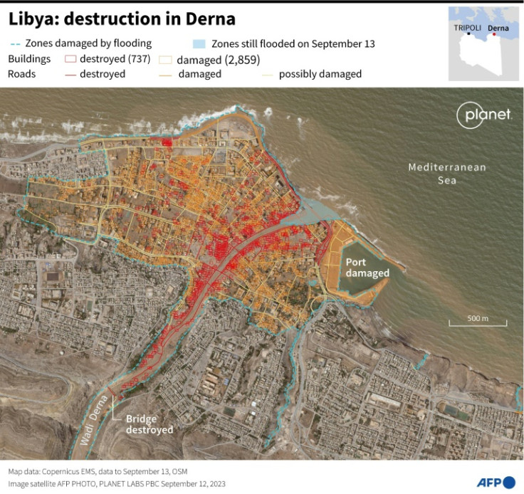 Map showing buildings and roads destroyed or damaged in the Libyan city of Derna after a flash flood, according to satellite data from Copernicus.