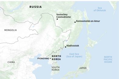 Map of railway lines in North Korea, Russia and neighboring countries, showing the locations of North Korean leader Kim Jong Un's latest visit to Russia.