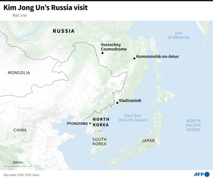 Map of railway lines in North Korea, Russia and neighboring countries, showing the locations of North Korean leader Kim Jong Un's latest visit to Russia.
