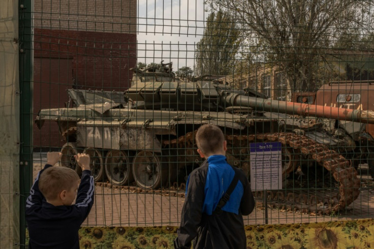 Destroyed Russian armoured vehicles on display in the southern Ukrainian town of Kryvyi Rig