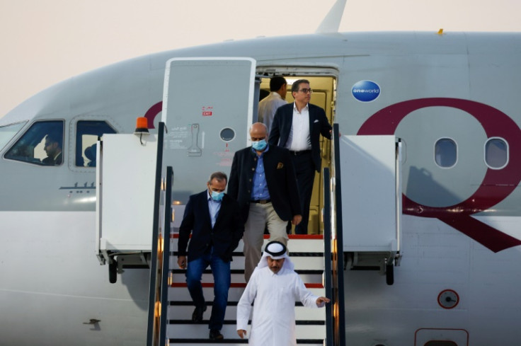 US citizens Siamak Namazi, Emad Sharqi and Morad Tahbaz disembark from a Qatari jet upon their arrival at Doha airport