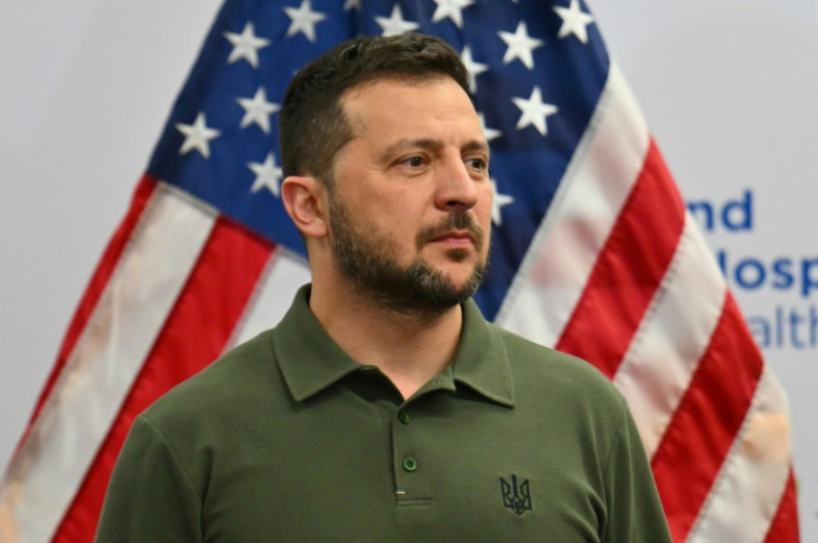 Ukrainian President Volodymyr Zelensky speaks while visiting with wounded Ukrainian soldiers at the Staten Island University Hospital in New York City