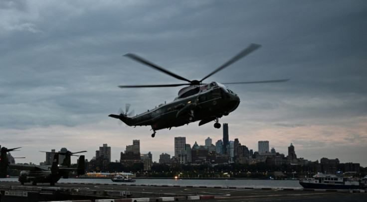 Marine One with US President Joe Biden on board lands at Wall Street Landing Zone in New York