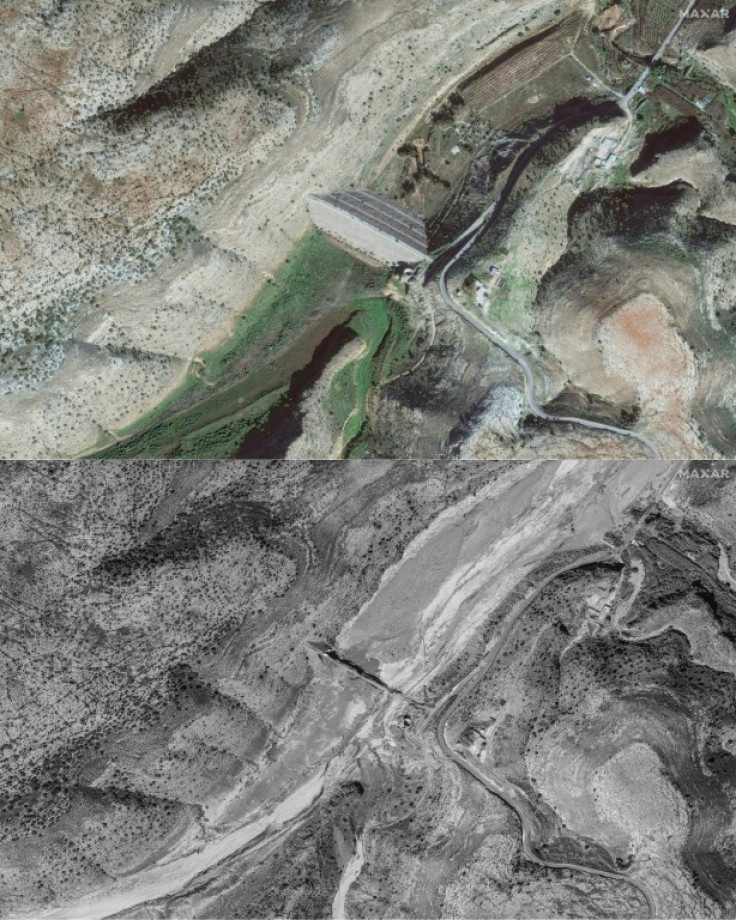 The upper dam above the city of Derna -- seen early last year in the top image, and after the floods in the picture below, in satellite photos released by Maxar Technologies