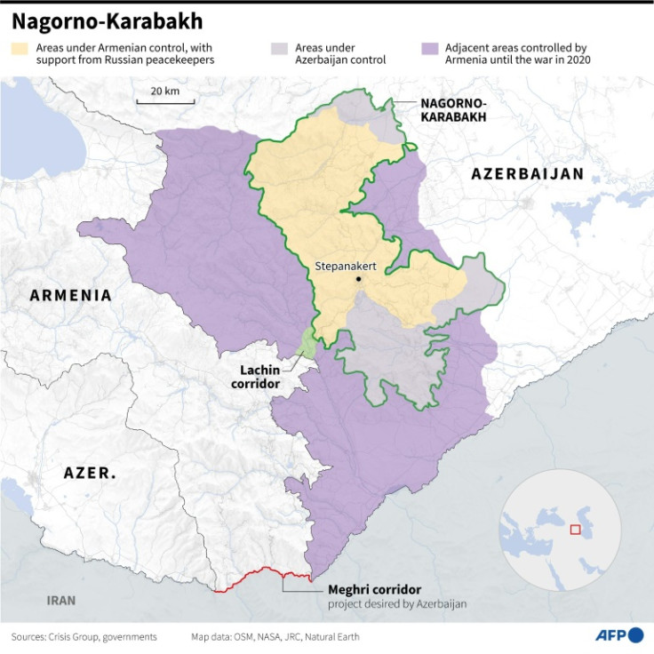 Map showing the breakaway region of Nagorno-Karabakh and the territories controlled by Armenia and Azerbaijan