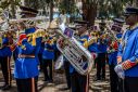 Members of the Kenya Police Service Band play the national anthem at a ceremony to commemorate the 10th anniversary of the Westgate attack