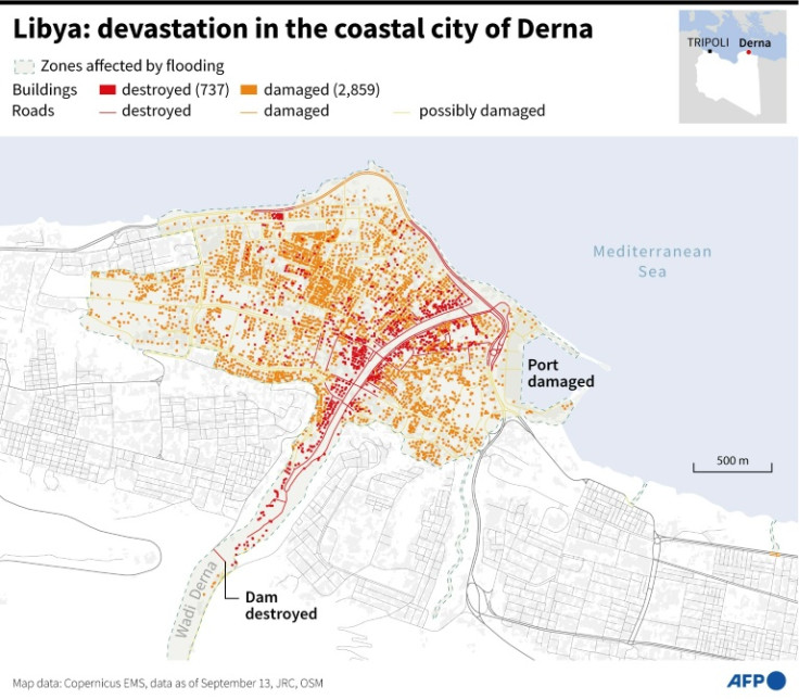 Map showing buildings and roads destroyed or damaged in the Libyan city of Derna after flooding, according to satellite data from Copernicus, as of September 13