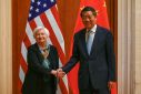 US Treasury Secretary Janet Yellen shakes hands with Chinese Vice Premier He Lifeng during a July 2023 meeting in Beijing