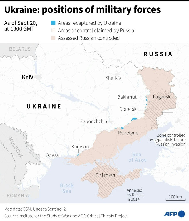 Map of areas controlled by Ukrainian and Russian forces in Ukraine, as of September 21, 1900 GMT