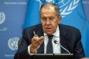 Russia's Foreign Minister Sergei Lavrov reponds to a question during a press conference following his address to the 78th United Nations General Assembly