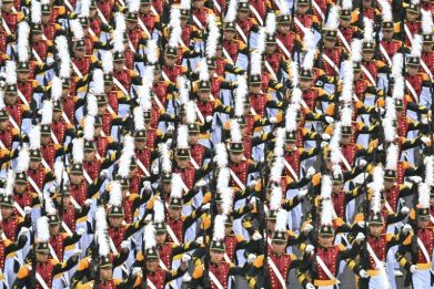 South Korean military personnel march during a parade in Seoul