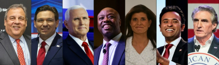 The candidates due on stage are (from left) Chris Christie, Ron DeSantis, Mike Pence, Tim Scott, Nikki Haley, Vivek Ramaswamy and Doug Burgum