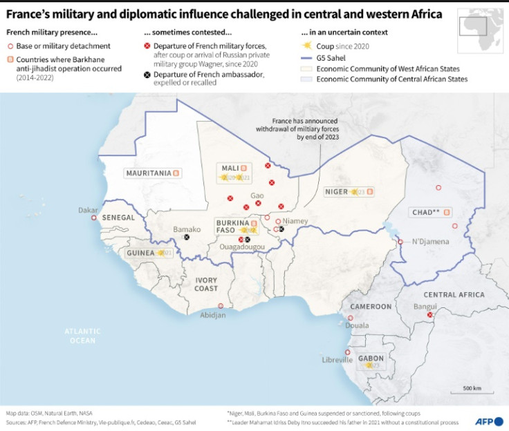 Map of West and Central Africa showing changes in France's military and diplomatic presence.