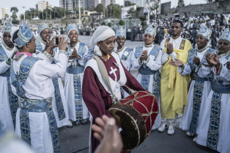 An Orthodox choir sings at celebrations commemorating the discovery of the True Cross in the fourth century by the Roman Empress Helena