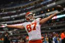 Travis Kelce celebrates his touchdown during the 2019 NFL week 11 regular season football game between Kansas City Chiefs and Los Angeles Chargers on November 18, 2019, at the Azteca Stadium in Mexico City.