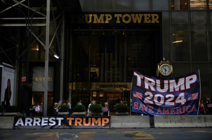 Trump supporters and critics protest outside Trump Tower in New York in August 2022