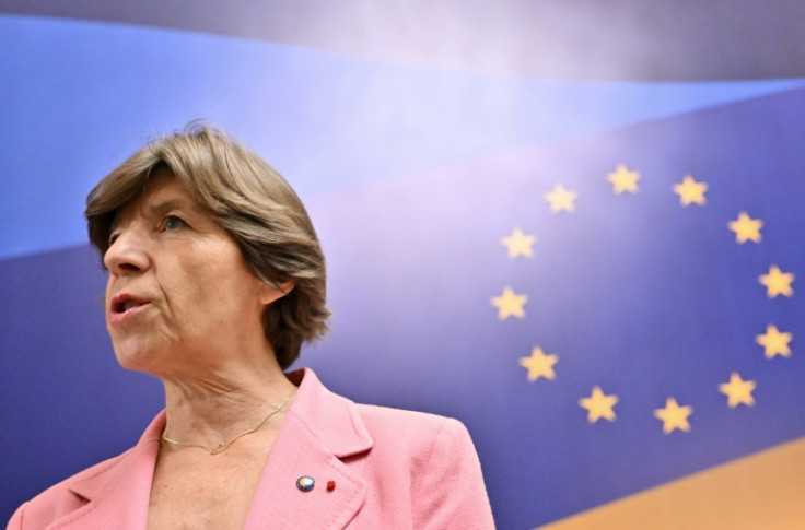 Minister for Europe and Foreign Affairs Catherine Colonna talks with the media prior to the EU-Ukraine Foreign Minister's meeting in Kyiv on October 2, 2023, amid the Russian invasion in Ukraine.