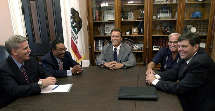 Kevin McCarthy  (far-left), sitting with Arnold Schwarzenegger (center) -- at the time California's governor-elect, in 2003