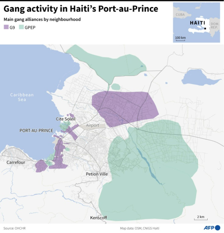 Map of Haiti's capital, Port-au-Prince, and the surrounding area, showing gang-controlled neighbourhoods.
