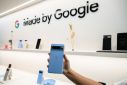 A Google Pixel 8 pro phone is displayed during a product launch event  in New York