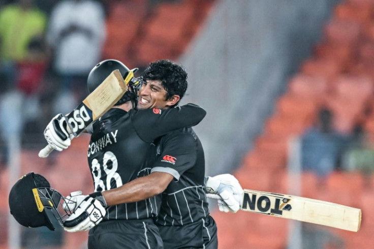 Match winners: New Zealand's Rachin Ravindra (right) celebrates with Devon Conway