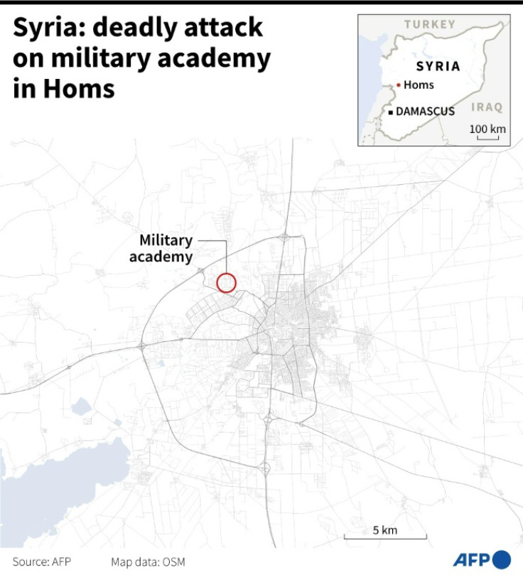 Map locating the military academy in the city of Homs, which was attacked by drones on Thursday.
