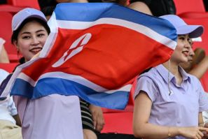 A spectator waves the North Korean flag at the Asian Games