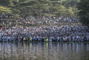Oromo people gather on the shores of lake Hora Arsadi to celebrate the annual "Irreecha" festival