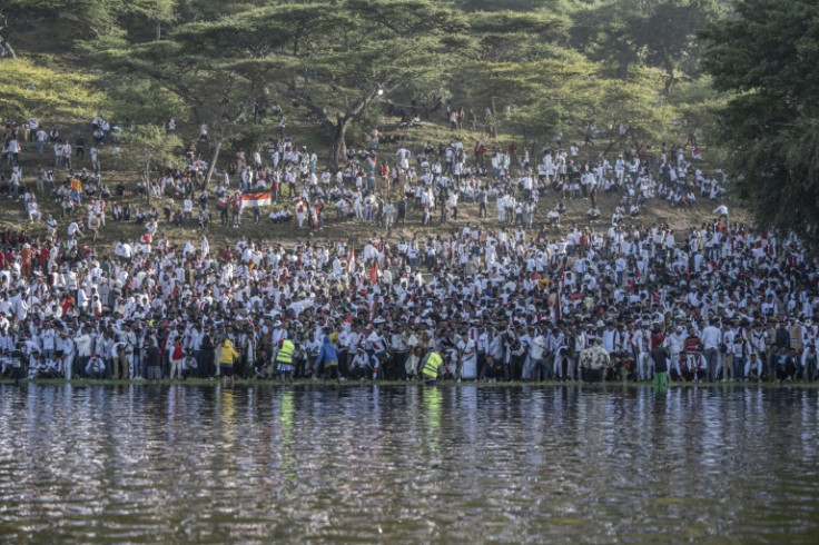 Oromo people gather on the shores of lake Hora Arsadi to celebrate the annual "Irreecha" festival