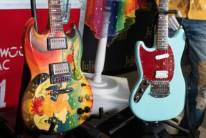 Eric Clapton's 'Fool' guitar (L) and Kurt Cobain's Skystang I guitar are displayed at the media preview for an auction organized for November 2023 by Julien's Auctions
