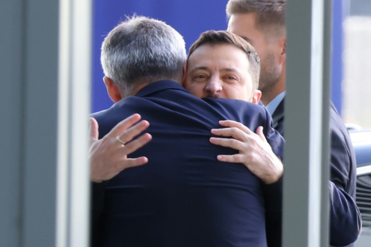 Ukrainian president Volodymyr Zelensky embraced NATO secretary general Jens Stoltenberg at the start of his first visit to NATO's headquarters