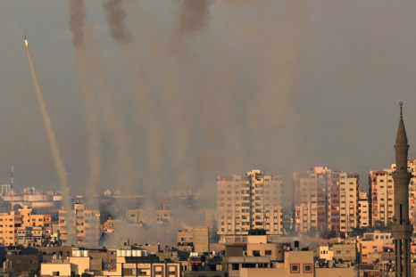 A salvo of rockets is fired by Palestinian militants from Gaza towards Israel on October 10, 2023