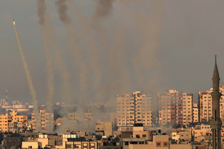 A salvo of rockets is fired by Palestinian militants from Gaza towards Israel on October 10, 2023