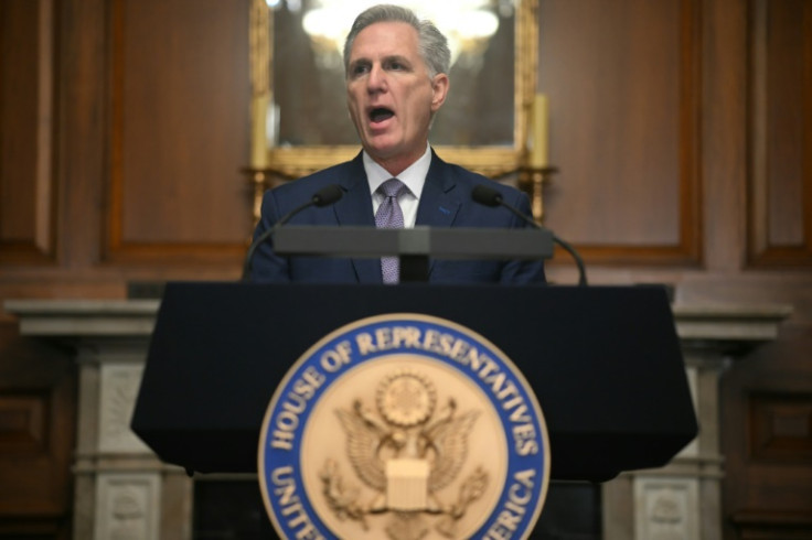 Ousted speaker Kevin McCarthy addresses a press conference at the US Capitol in Washington on October 9, 2023