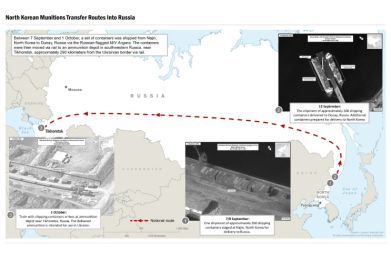 This image released by the US Government reportedly shows the transfer of military equipment from North Korea to Russia