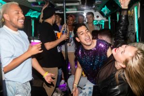 Fans on a party bus dance and sing to Taylor Swift tunes before attending 'Taylor Swift: The Eras Tour' at a Chicago, Illinois theater on October 13, 2023