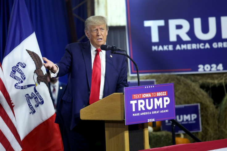 Former US president Donald Trump at a campaign trail meeting on October 16 2023 in Adel, Iowa