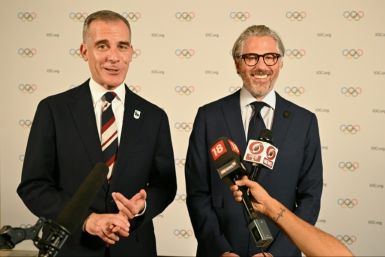 The US ambassador to India Eric Garcetti (left), with chairman of the LA 2028 Olympic Games Casey Wasserman