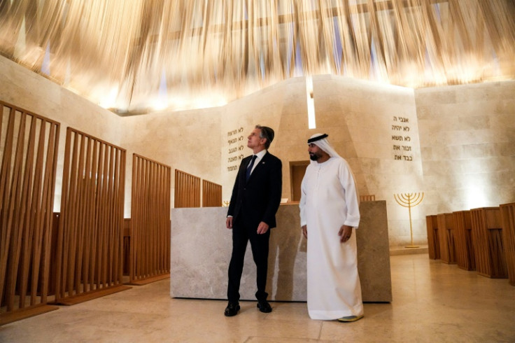 US Secretary of State Antony Blinken  tours the Moses Ben Maimon (Maimonides) Synagogue at the Abrahamic Family House in Abu Dhabi on October 14, 2023