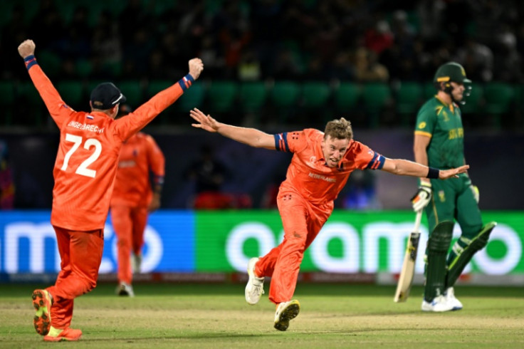 Glory boys: Netherlands' Logan van Beek celebrates after taking the wicket of South Africa's David Miller