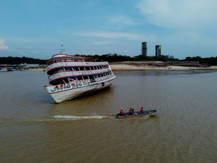 A stranded ferry boat at the Marina do Davi in the Negro river, near the city of Manaus, Amazonas State, which experiencing a drought