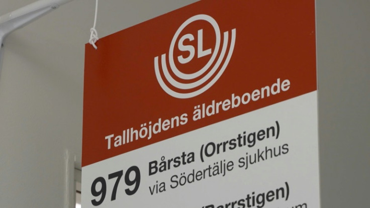 The fake bus stop sign in the corridor is identical to those used in Sodertalje, Sweden