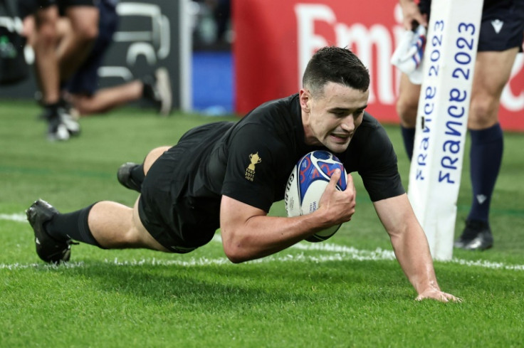 Will Jordan scores the second of his three tries in New Zealand's rout of Argentina in the World Cup semi-final