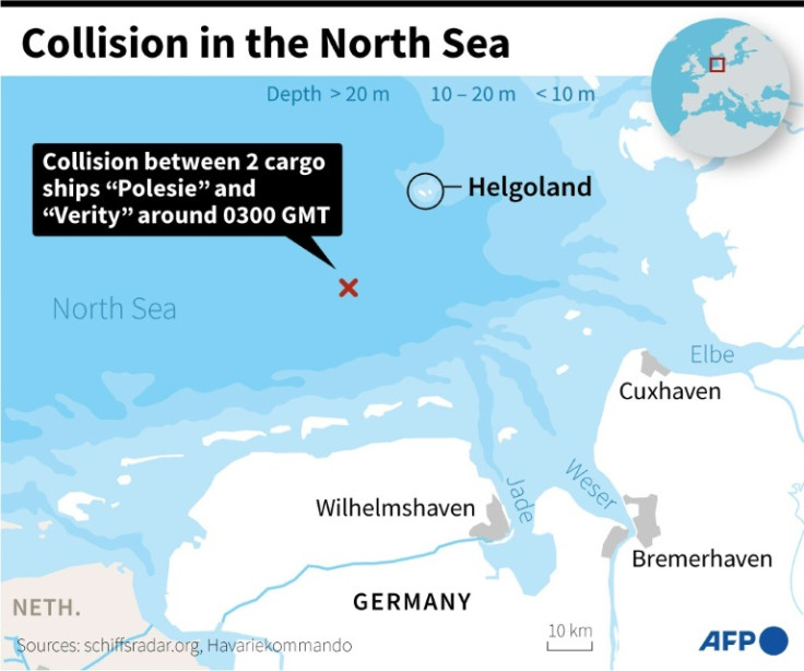 Map locating the area where two cargo ships collided in the North Sea on October 24