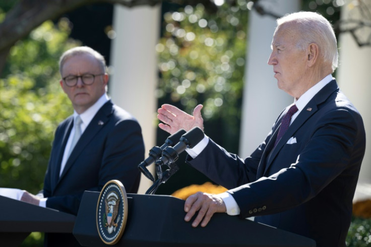 US President Joe Biden (R) speaks during a joint press conference with Australia's Prime Minister Anthony Albanese at the Rose Garden of the White House in Washington, DC, on October 25, 2023