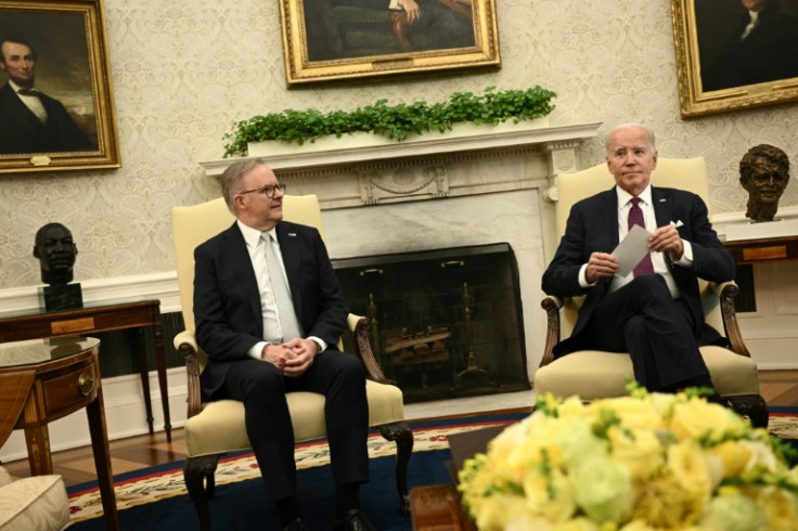 US President Joe Biden (R) holds talks with Australia's Prime Minister Anthony Albanese in the Oval Office during the latter's state visit to Washington on October 25, 2023